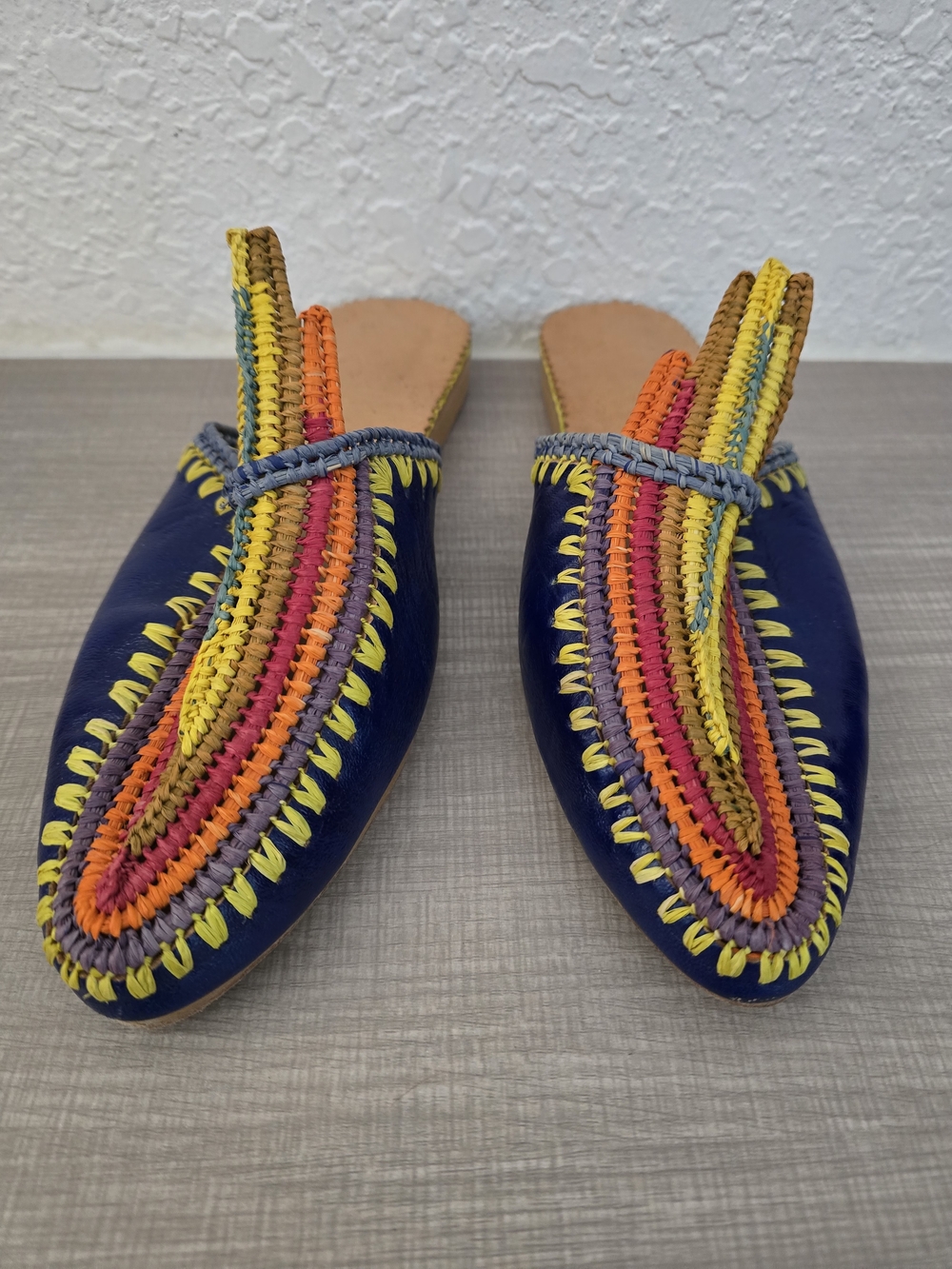 Artisan Handmade Moroccan Raffia & Leather Slides Pointed Toe Multi-Color 8.5